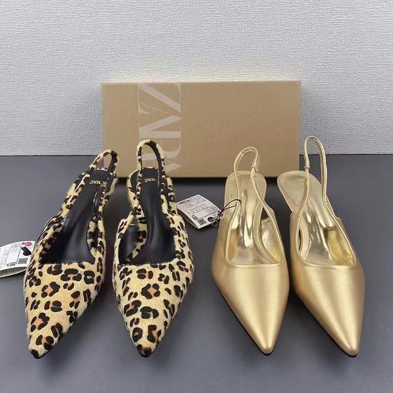ZA Summer New Product 2024 Fashionable Pointed Low Heel Leopard Pattern Single Shoes for Women, Shallow Mouth Rear Tripover Strap, Exposed Heel, Versatile Sandals for Women