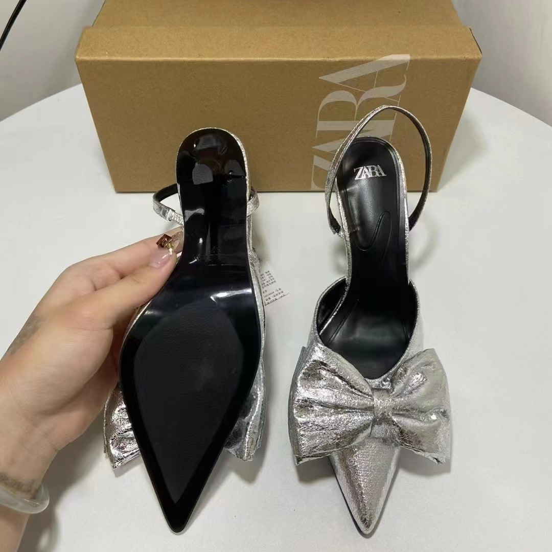 2024ZA New Product Spanish Trendy Brand Silver Pointed Bow High Heels Metal Burst Pattern Rear Hook Strap Thin Heel Female