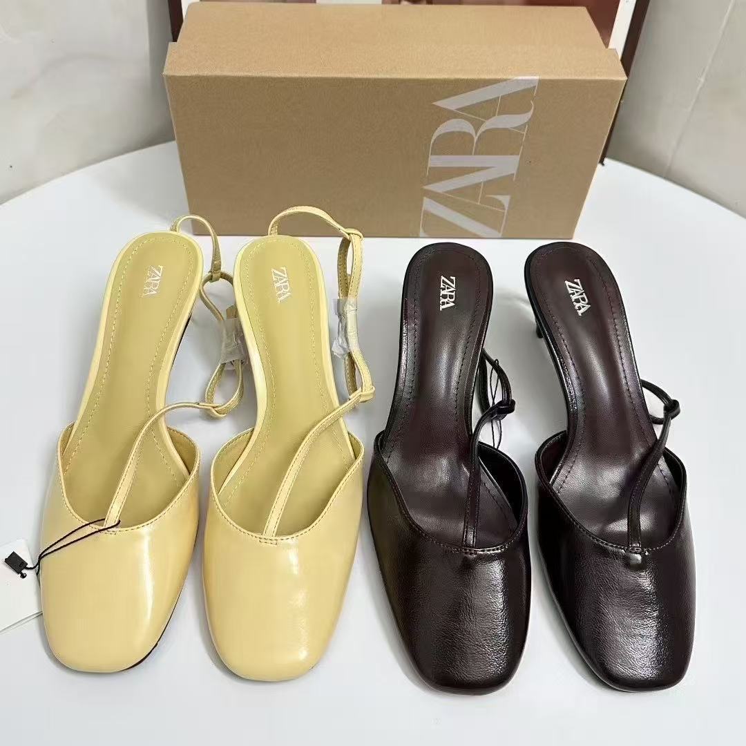 ZA2025 Summer New Product Round Head High Heels, Thin Heels, Baotou, Shallow Mouth Sandals, Rear Tripping Buckle, Hollow Women's Single Shoes