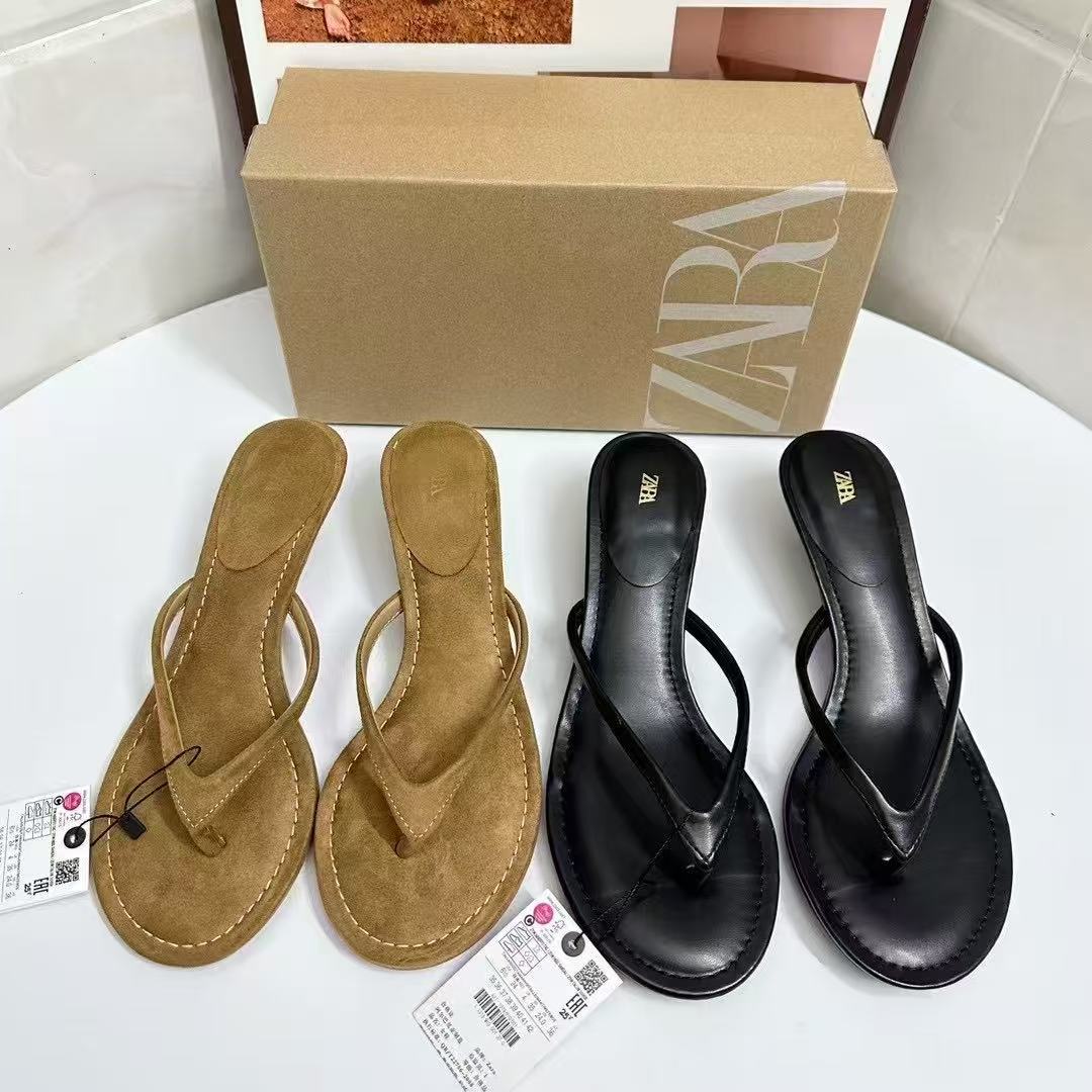 ZA2025 Summer New Legged Cool Slippers, Women's Word Dragging Feet, Versatile, Round Head, Thin Heels, High Heels, Clip