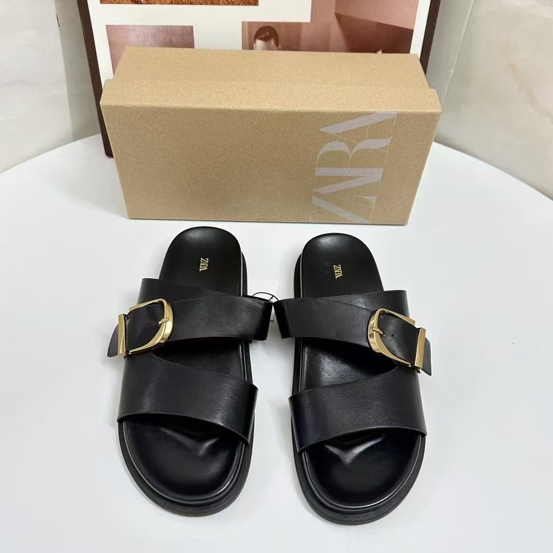 ZA family summer cross-border metal square buckle slippers for wearing simple and versatile round toe thick soled women's shoes slippers