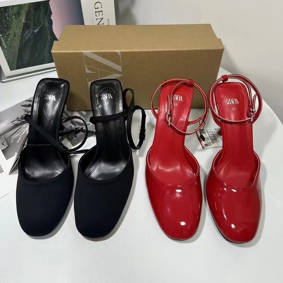 ZA2024 Summer New High Heels, Thin Heels, Baotou, Shallow Mouth Sandals, Strap Buckle, Hollow Round Head, European and American Women's Shoes