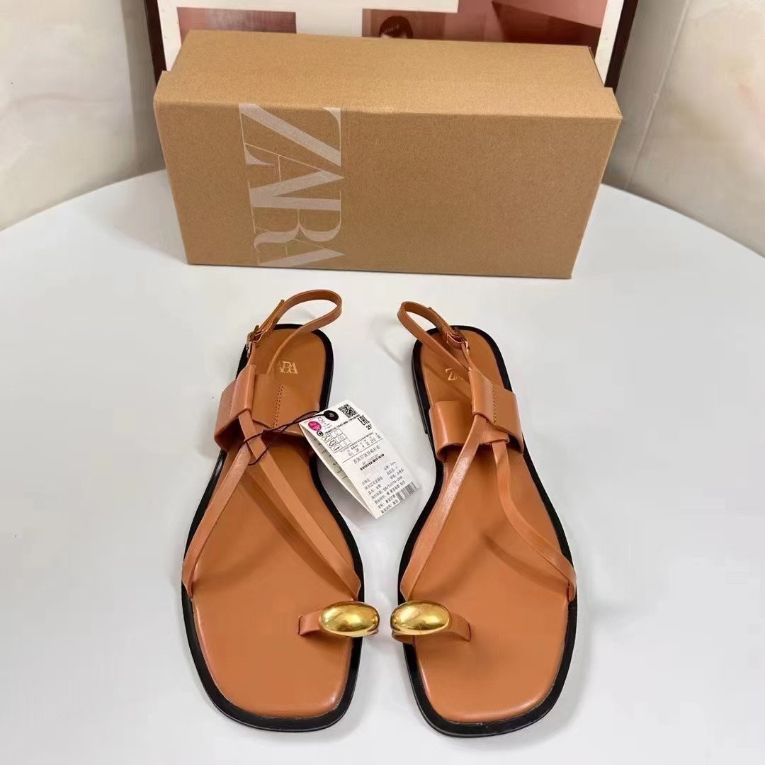 ZA Autumn 2024 Flat Shoes Summer New Brown Square Head Cross Casual Outerwear Flat Sandals