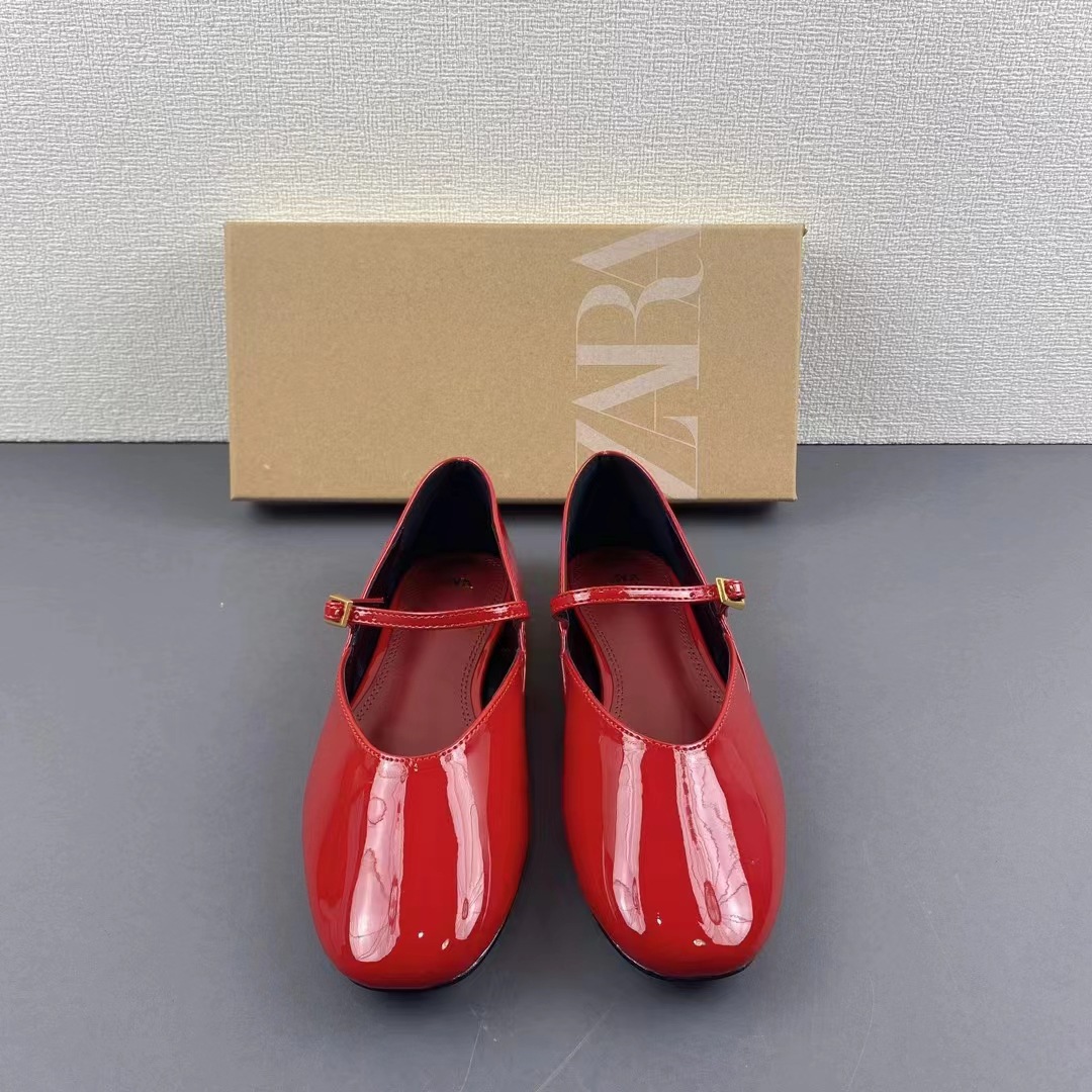 ZA flat shoes women's 2024 summer new item big red patent leather Mary Jane flat ballet shoes single shoes women's shoes