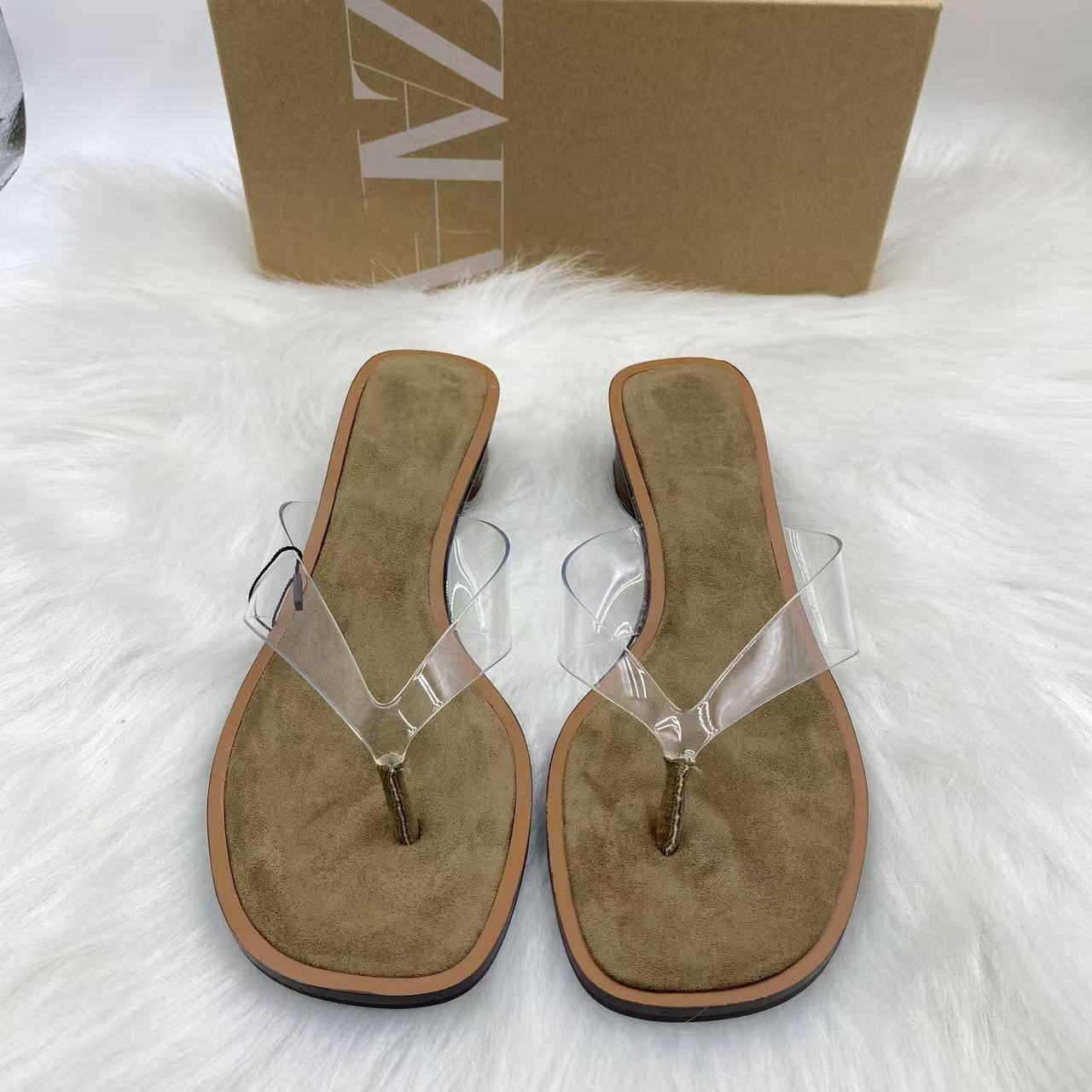 ZA Home 2025 Summer New Product Wooden Heel Flip flops Women's Thin Heel Transparent PVC Round Head Casual Sandals Beauty