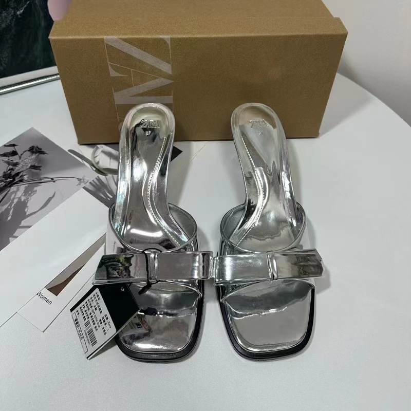 ZA Summer New Women's Shoes Silver Bow Decoration High Heels Metal High Heels Sandals Open Toe Outerwear Cool Dragging Women
