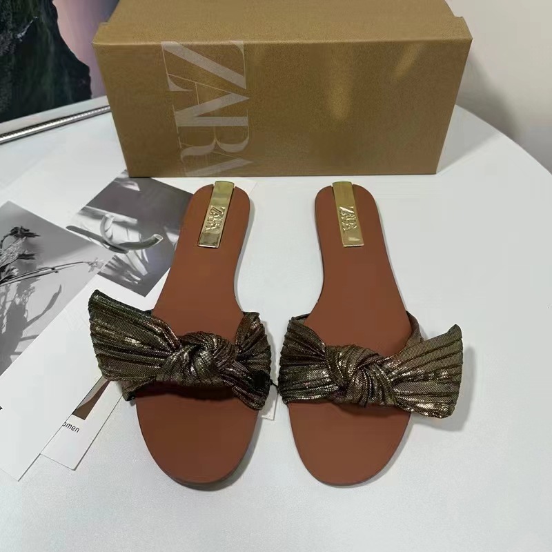 ZA Summer New Women's Shoes Gold Metal Bow Flat Sandals Retro Style Flat Sandals Outerwear Coolers