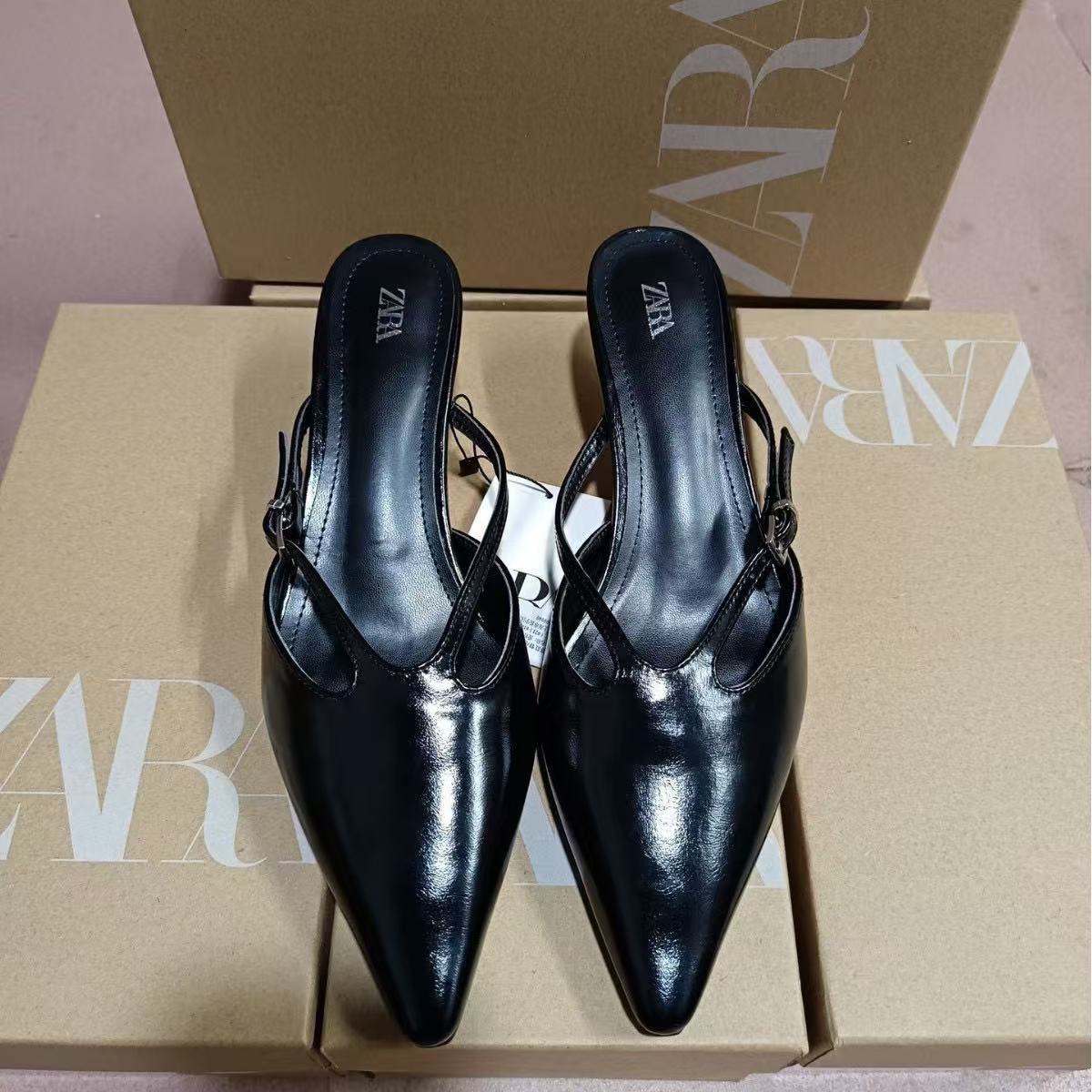 ZA2024 Autumn New Black High Heels Women's Fashion Pointed Temperament Shallow Mouth Open Heels Muller Shoes Slippers Sandals