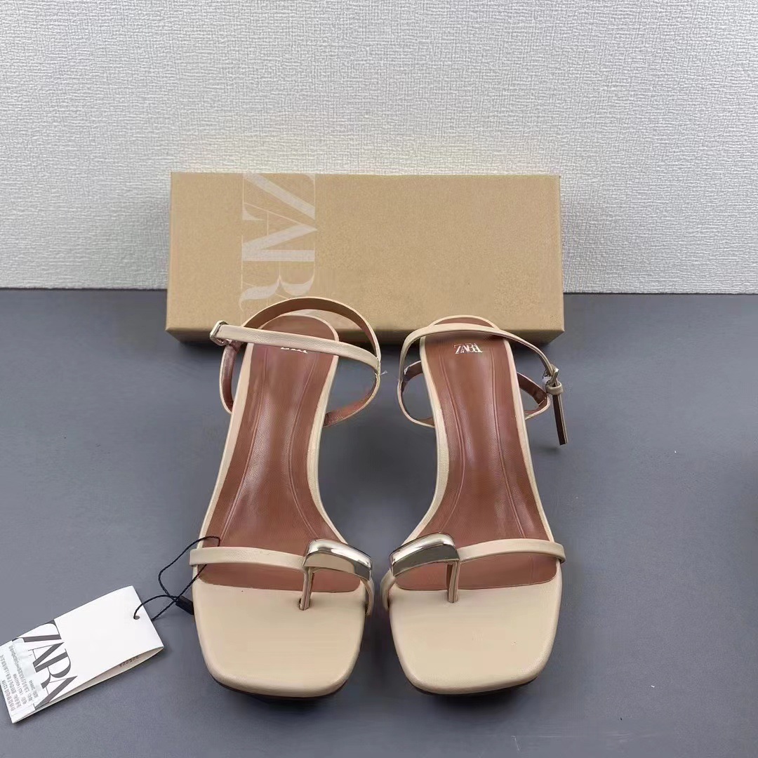 ZA2024 New Summer Square Head Minimally Sexy Pinch Toe Sandals for Women with One Button Strap and Thin Heel Fairy Style High Heels