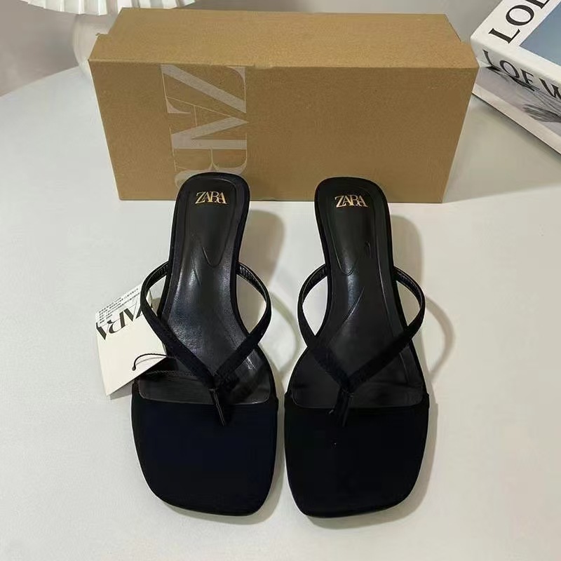 ZA summer new 2024 French square toe high-heeled women's shoes with herringbone angle exposed toe back exposed heel fashion sandals for women