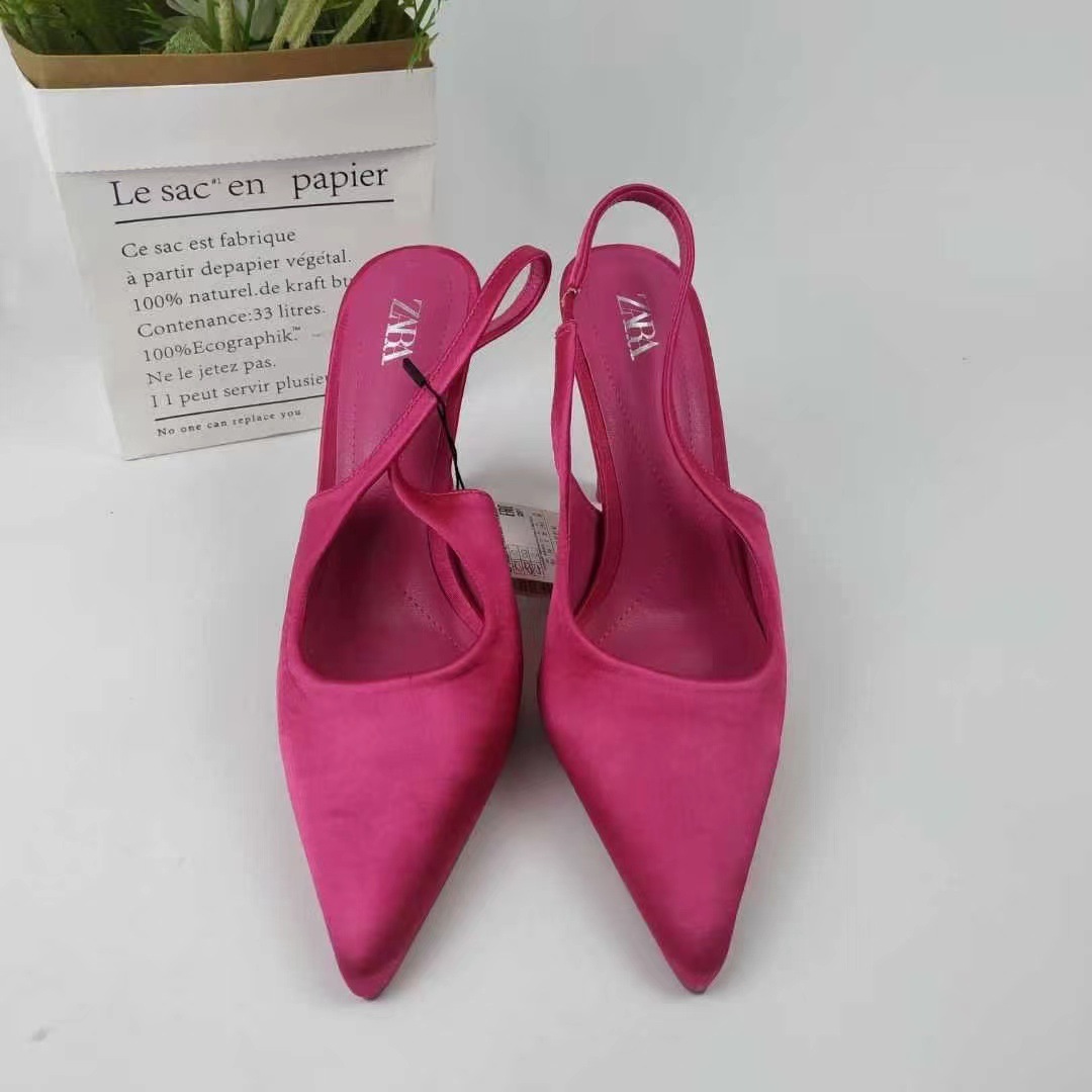 ZA women's shoes 2024 autumn new item niche women's shoes pointed sandals women's Mueller shoes peach red high heels back empty single