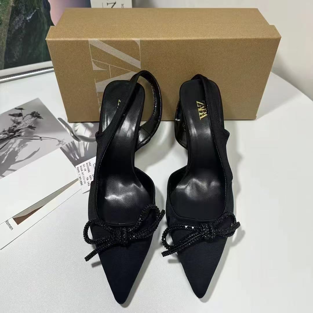 ZA Southeast Asia 2024 New High Heels Black Shiny Decoration Butterfly Dewing Heel Rear Tripper Pointed Shallow Mouth Single Shoes for Women