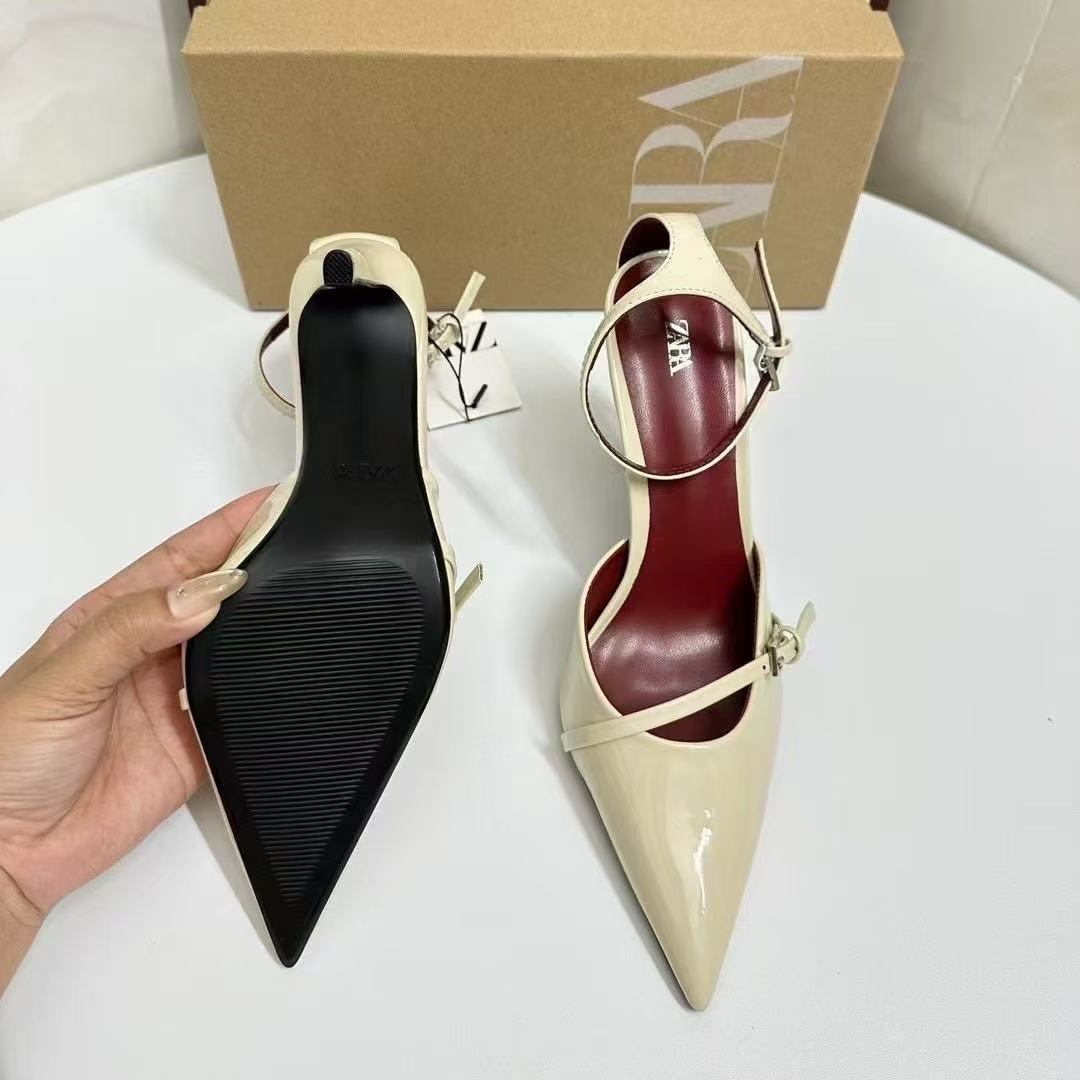 ZA2025 Summer New Pointed Shallow Mouth Wine Red Lacquer Leather High Heels with One Button and Thin Strap for Women ZA2025 Summer New Pointed Shallow Mouth Wine Red Lacquer Leather High Heels with One Button and Thin Strap for Women