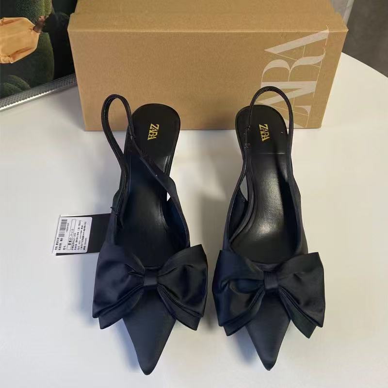 ZA New Product 2024 Spring Low Heel Women's Shoes Black Thin Heel Pointed Shallow Mouth Bow Decoration Dew Heel Fashion Sandals for Women