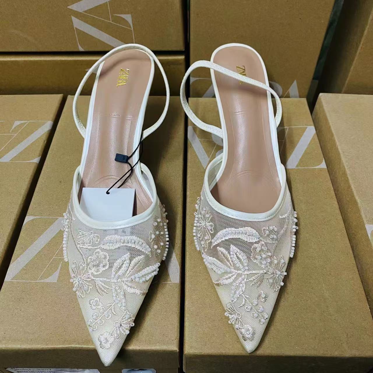 ZAR 2024 Autumn New Product: Pointed Head Cover, Back Space, Solid Color Embroidered Mesh, Fine High Heels, Muller Shoes