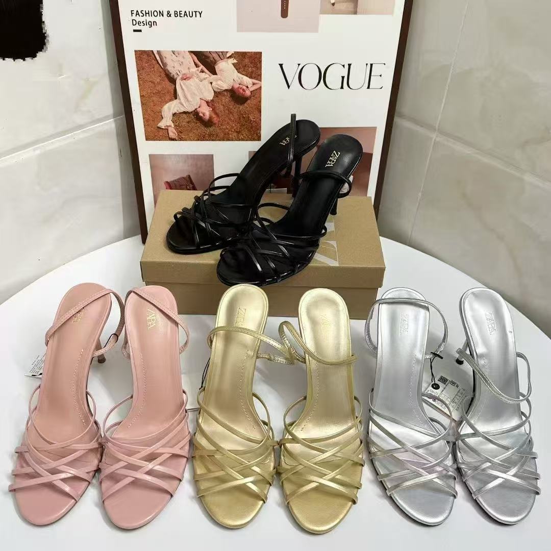 ZA Summer 2025 New Fine Leather High Heels for Women, Knitted Strap Decorative Fine Heels Sandals, Women's Fashion Versatile Style