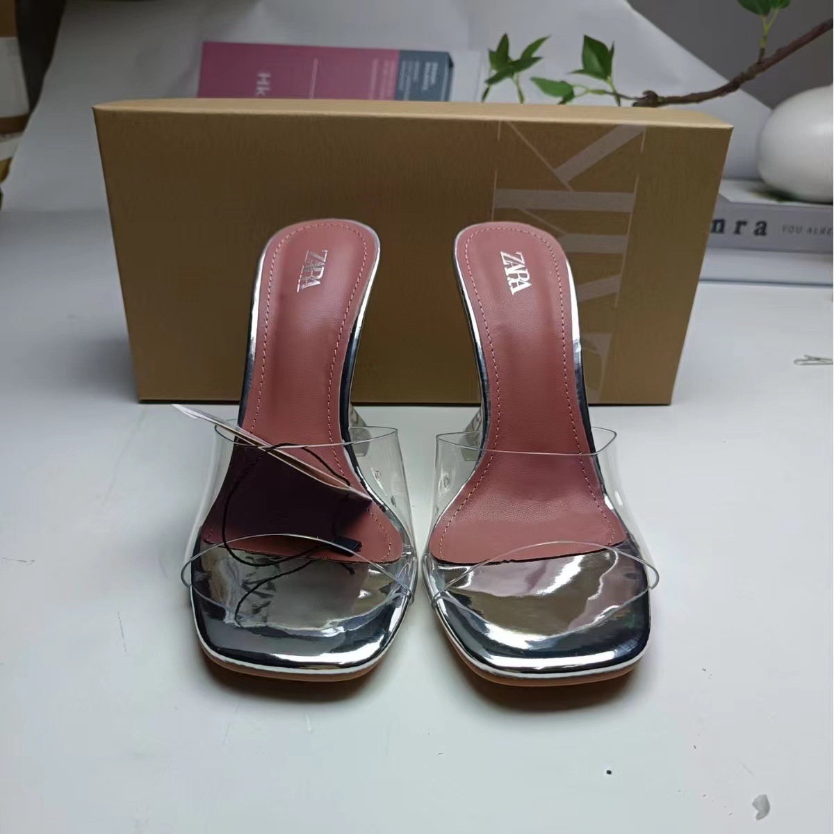 ZA2024 Summer New Metal Glass Glue One Word Open Toe European and American Style High Heel Sandals for Daily Casual Outerwear Women