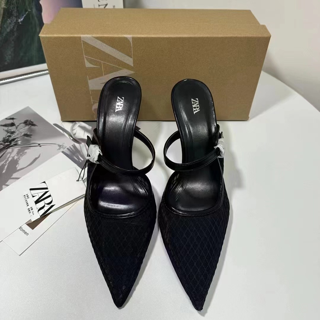 ZA New Product 2024 Summer Women's Shoes Mesh High Heels Thin Heels Straight Straw Shallow Open Heel Breathable Half Dragged Sandals