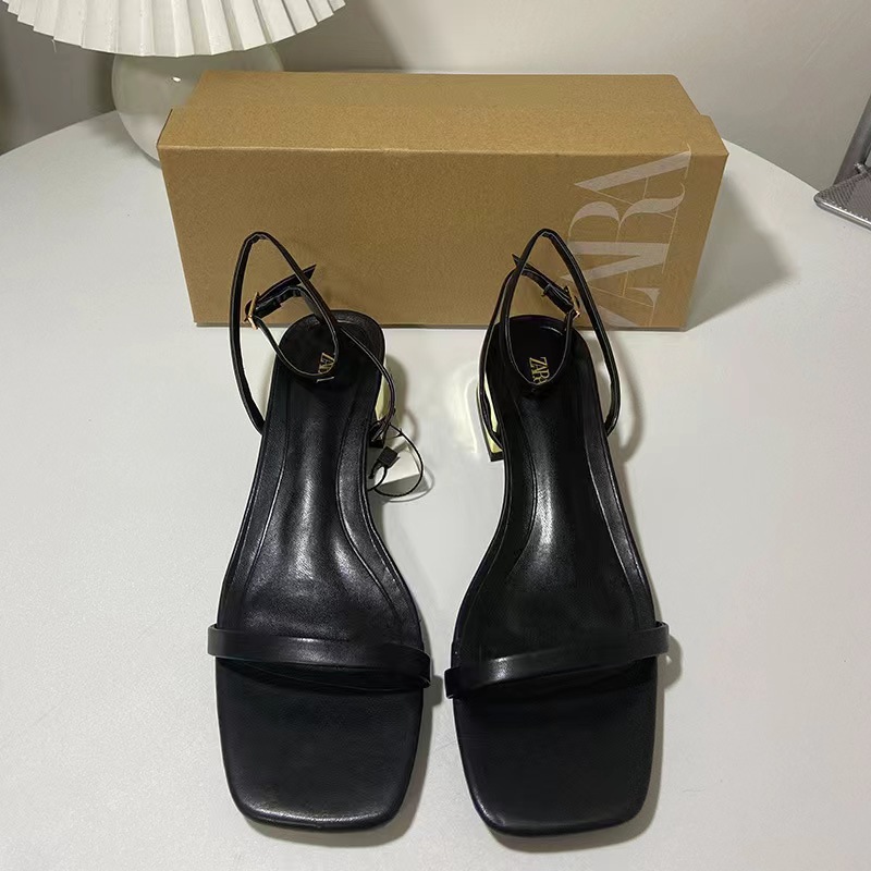 ZA2024 new summer fashionable women's shoes square toe with thin metal thick heel, wearing buckle sandals for women