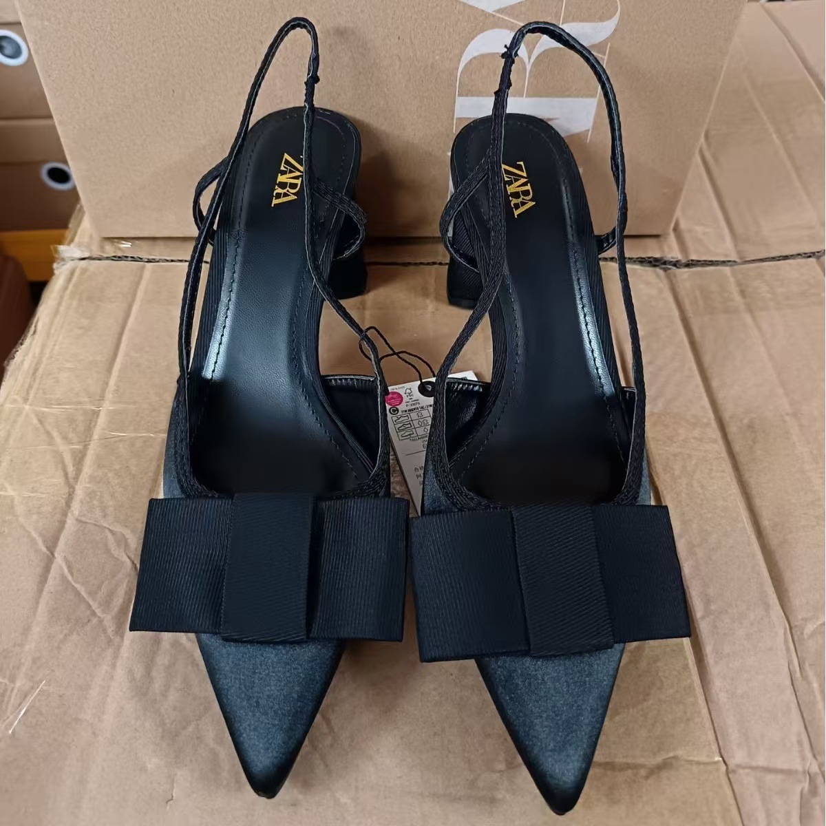 ZA2024 Autumn New Product Women's Shoes Black Bow Decoration Dew Heel Thick Heel Pointed High Heels Baotou Sandals Single Shoes