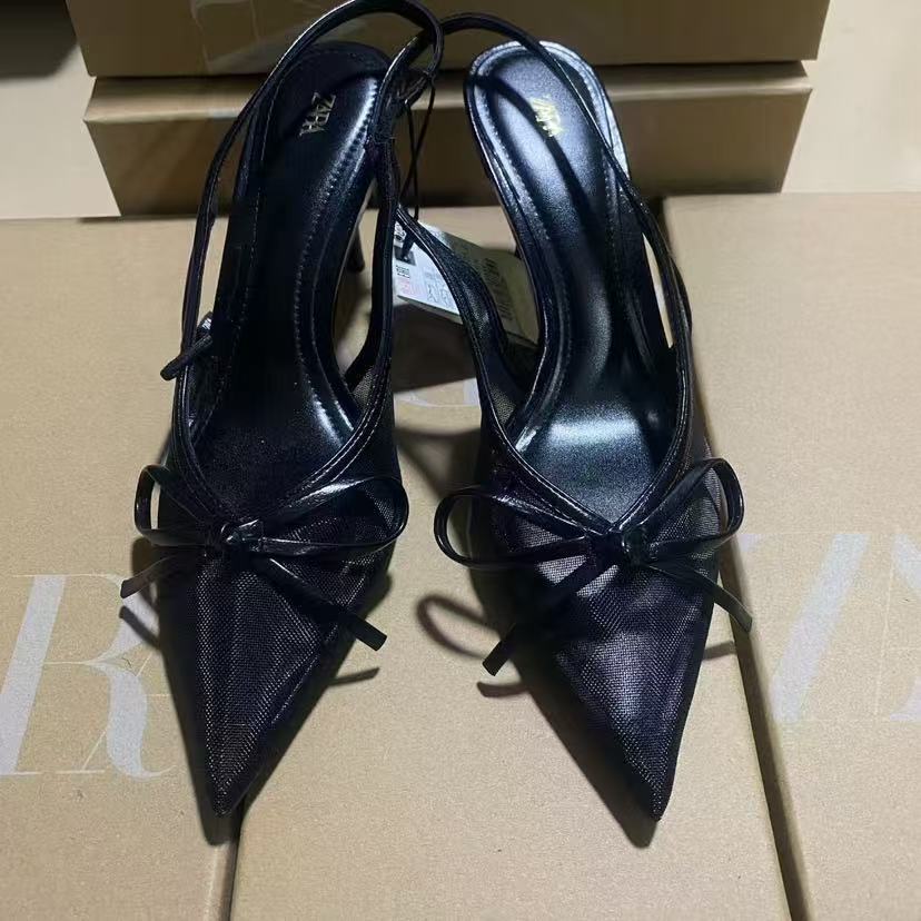 ZA2025 summer socialite French single shoes, niche pointed high heels, women's mesh bow, thin heel, cool toe