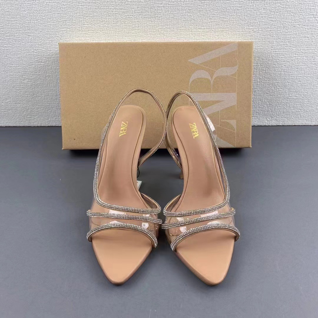 ZA2024 Summer New Women's Shoes Natural Color Bright Adorned High Heels Fine Heels Sandals Transparent Pointed Shoes