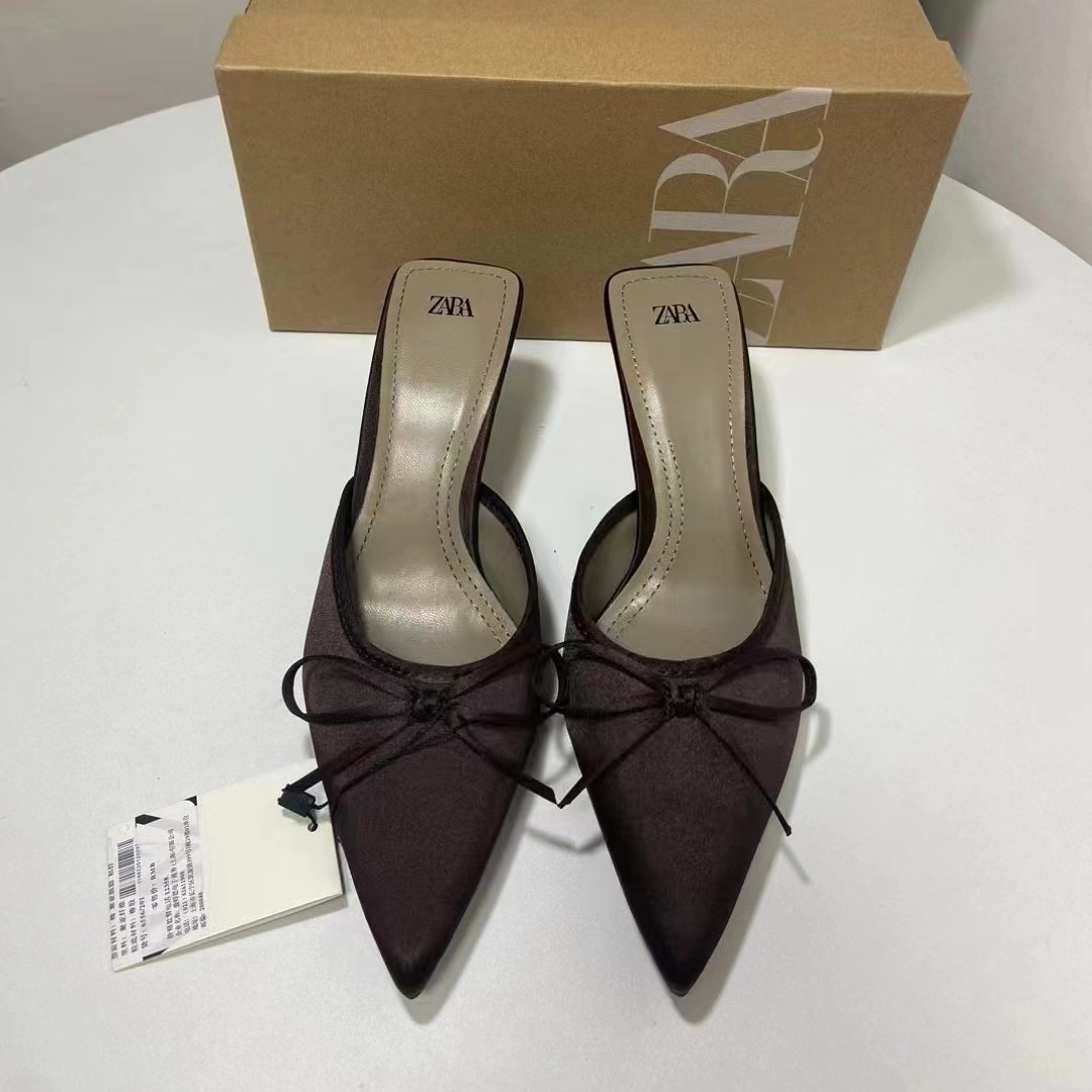 ZA2024 Spring New Butterfly Knot High Heels Muller Shoes Single Shoes Pointed Headless Slippers Thin Heels Versatile Half Slippers