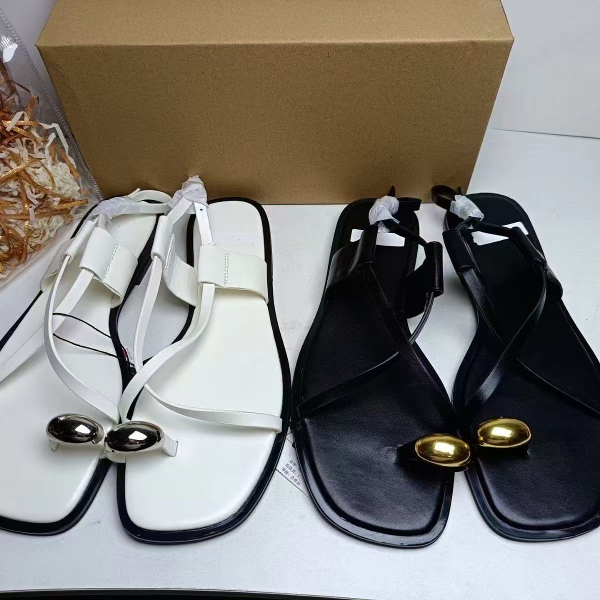 ZA2025 Flat Shoes Summer New Brown Square Head Cross Casual Outerwear Flat Sandals Gold Button Sandals for Women