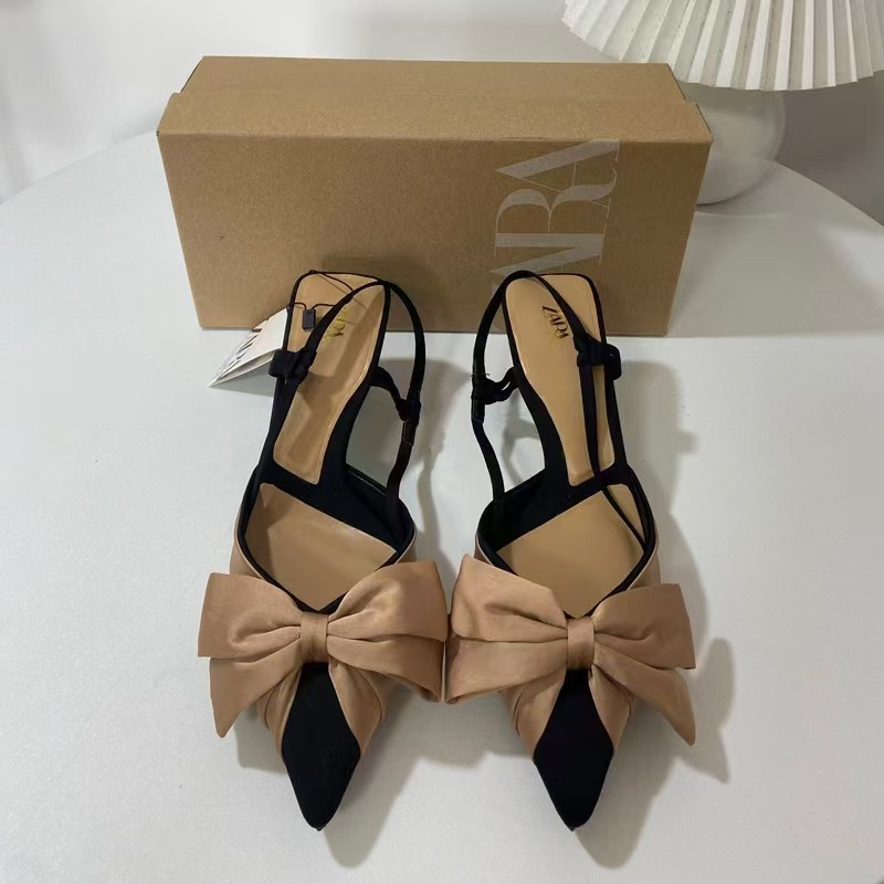 ZA New High Quality French High Heels Women's Shoes with Pointed Bow Decoration Color blocked Light Mouth Strap and Barefoot Sandals for Women
