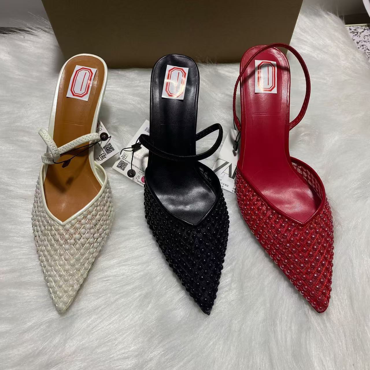ZA2025 Summer New Korean Edition Red Mesh Bead Fashion Versatile High Heels with Pointed Headtips Half Dragged Sandals