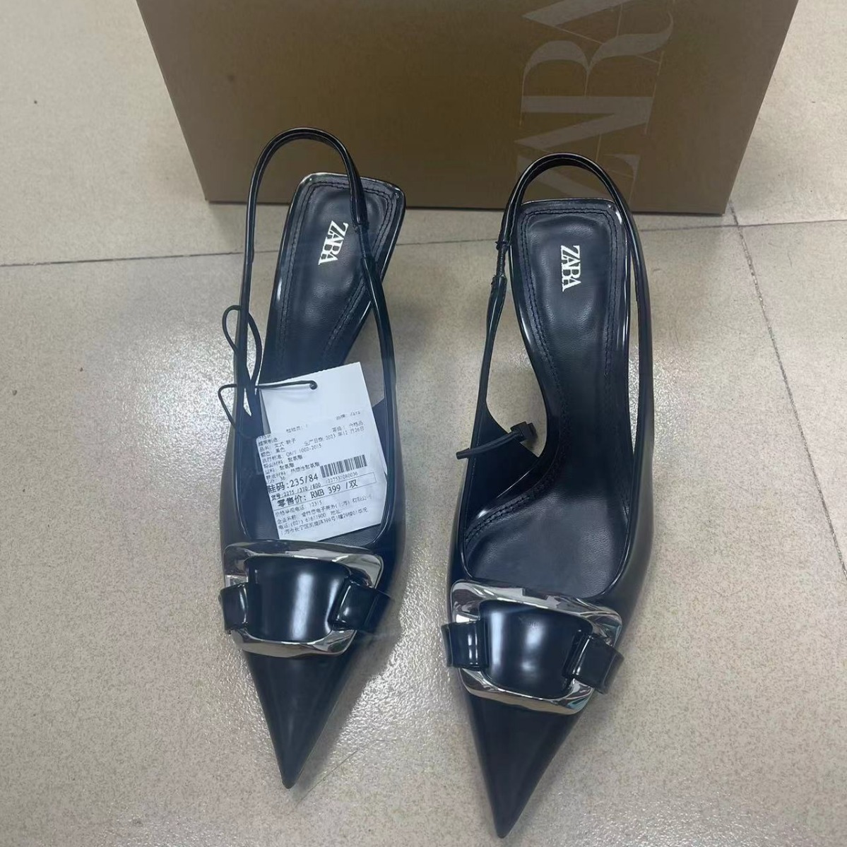 ZA2024 Summer New Square Buckle Decorative Fine Heel Sandals with Black Pointed Rear Hook Strap for Daily Casual Outerwear