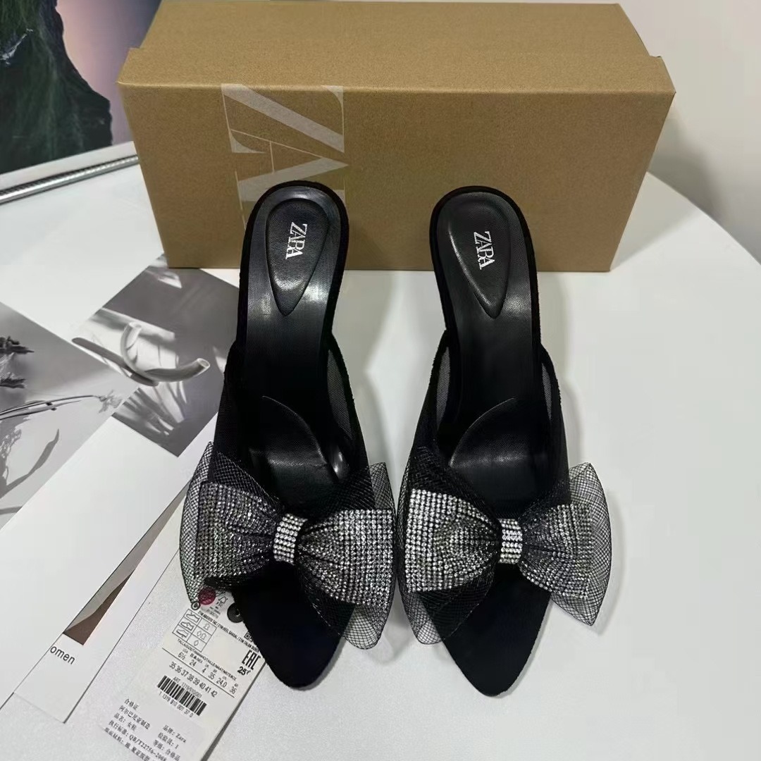 ZA New Product 2024 French Summer Pointed Toe High Heel Shallow Bow Water Diamond Shining Decoration Rear Air Heel Sandals