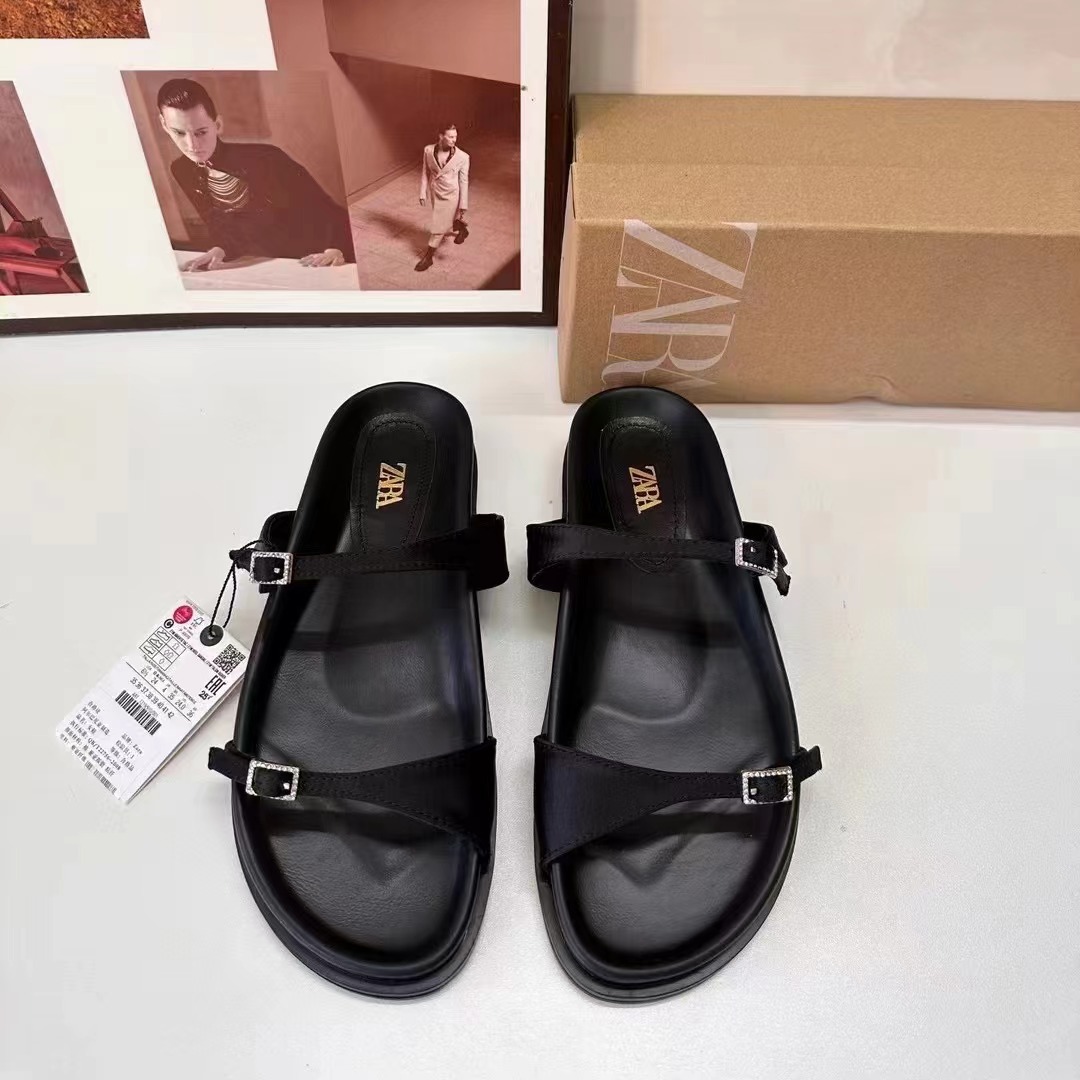 Foreign Trade ZA2024 Autumn New Women's Shoes Square Head One Word with Water Diamond Buckle Decoration Shallow Mouth Slope Heels Sandals