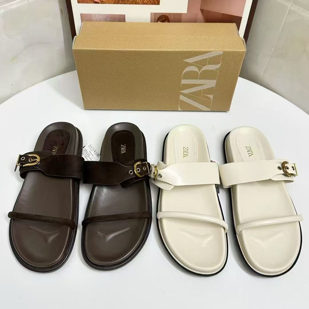 ZA Home 2025 New Summer Flat Bottom Metal Fashion Trend Single Buckle Double Buckle Strap European and American Outdoor Sandals for Women