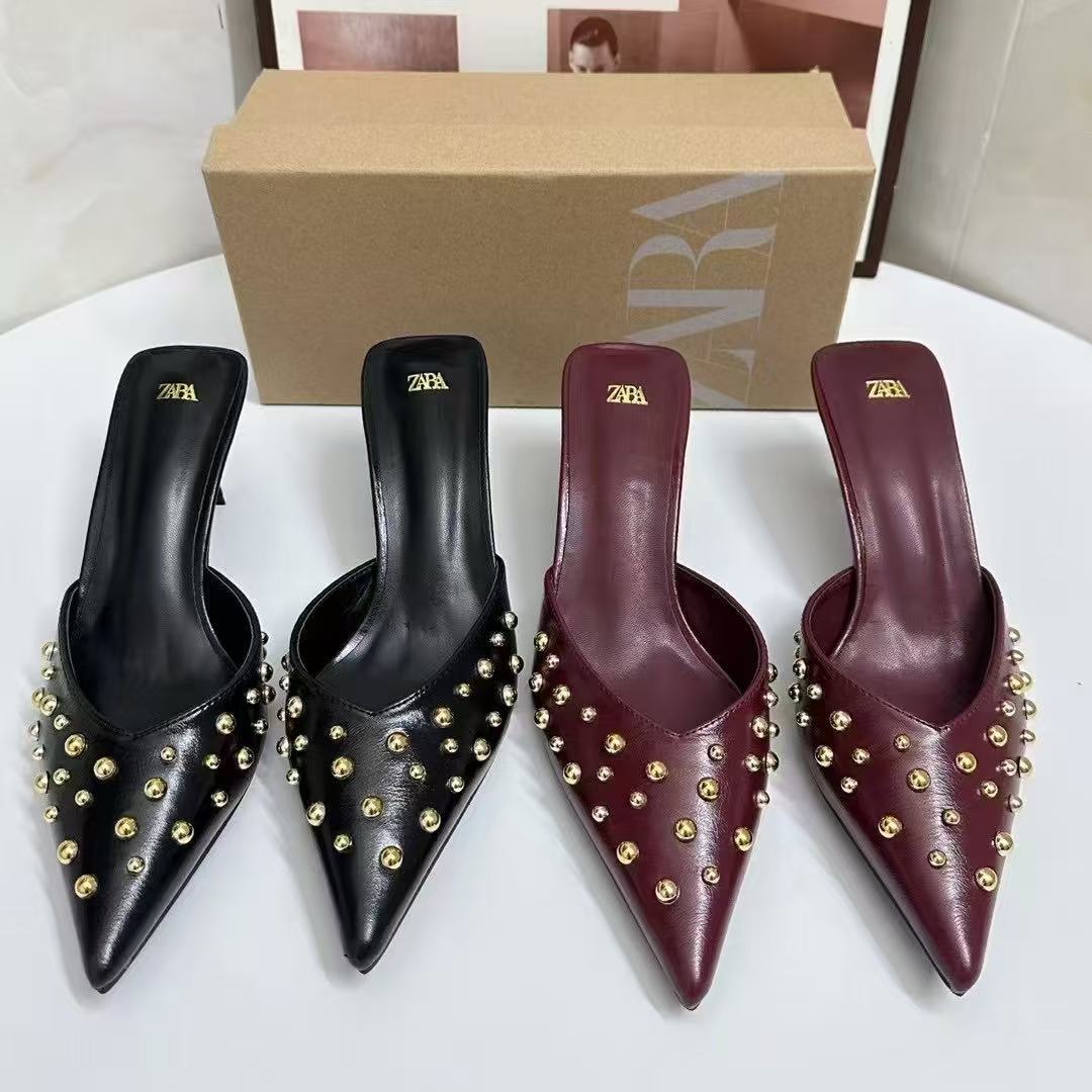 ZA women's shoes with rivets, exposed toes, cool slippers, women's 2025 summer new style, slim heels, sexy high heels, one-piece slippers for wearing outside