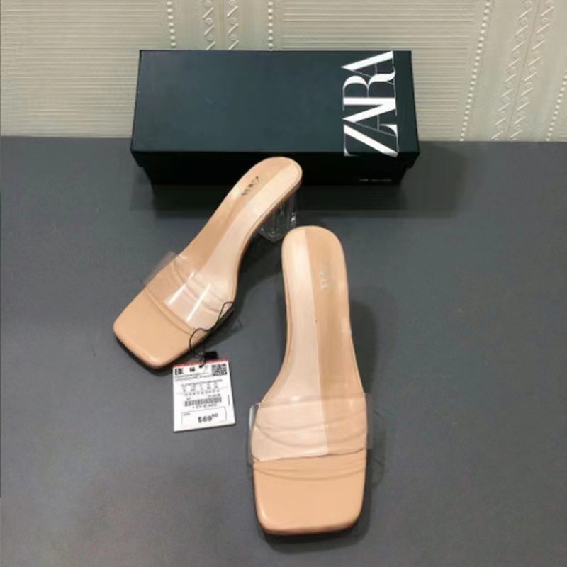 ZA2024 Summer New Coarse Heel Women's Shoes Square Head Straightened High Heels Women's PVC Bare Toe Bare Heel Glass Heel Cool