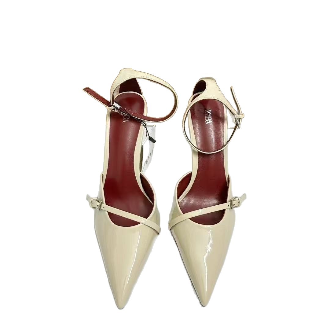 ZA2025 Summer New Pointed Shallow Mouth Wine Red Lacquer Leather High Heels with One Button and Thin Strap for Women ZA2025 Summer New Pointed Shallow Mouth Wine Red Lacquer Leather High Heels with One Button and Thin Strap for Women