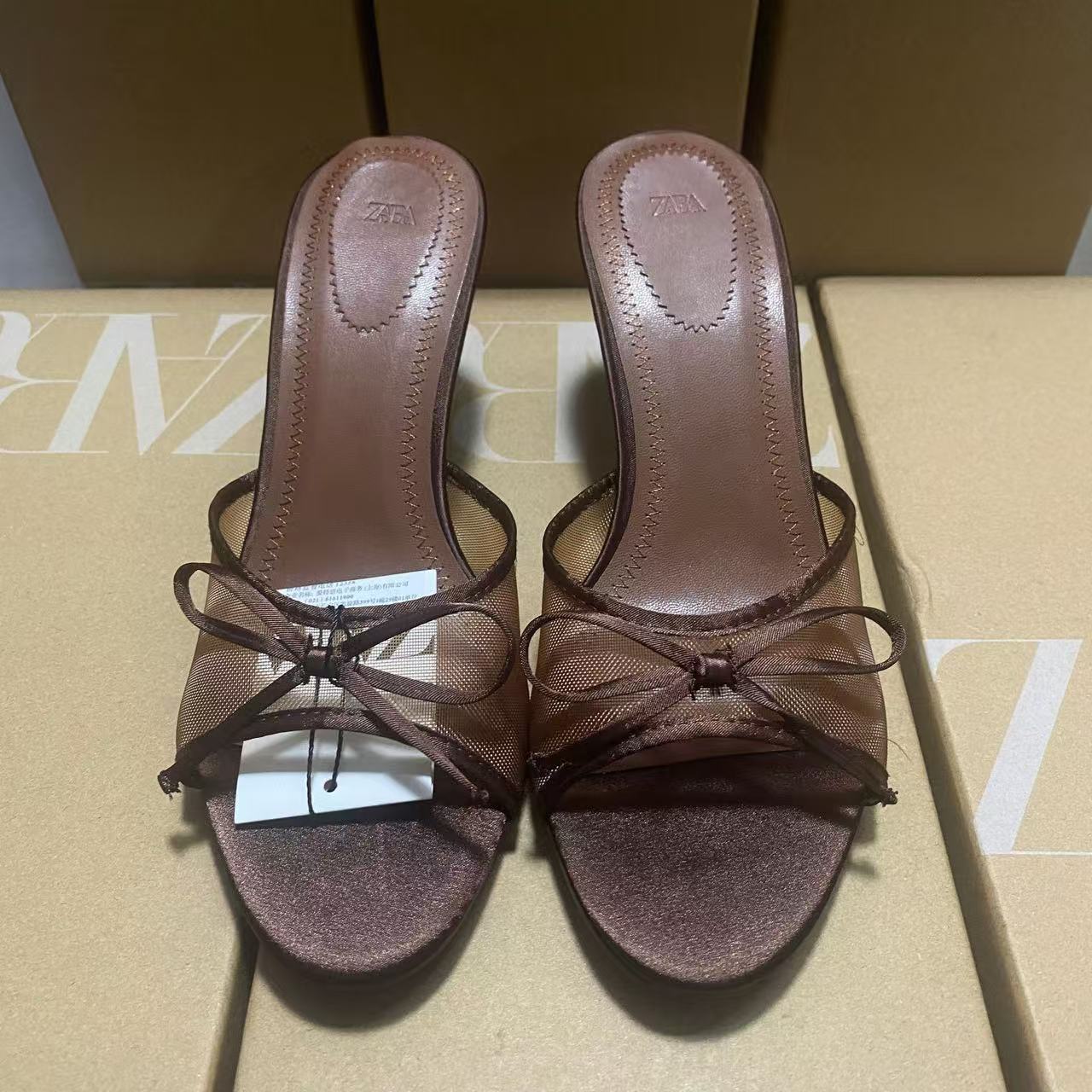 ZA2025 Summer New Butterfly Knot Mesh Brown Fish Mouth High Heel Sandals for Daily Wearing, Outdoor Sandals for Women