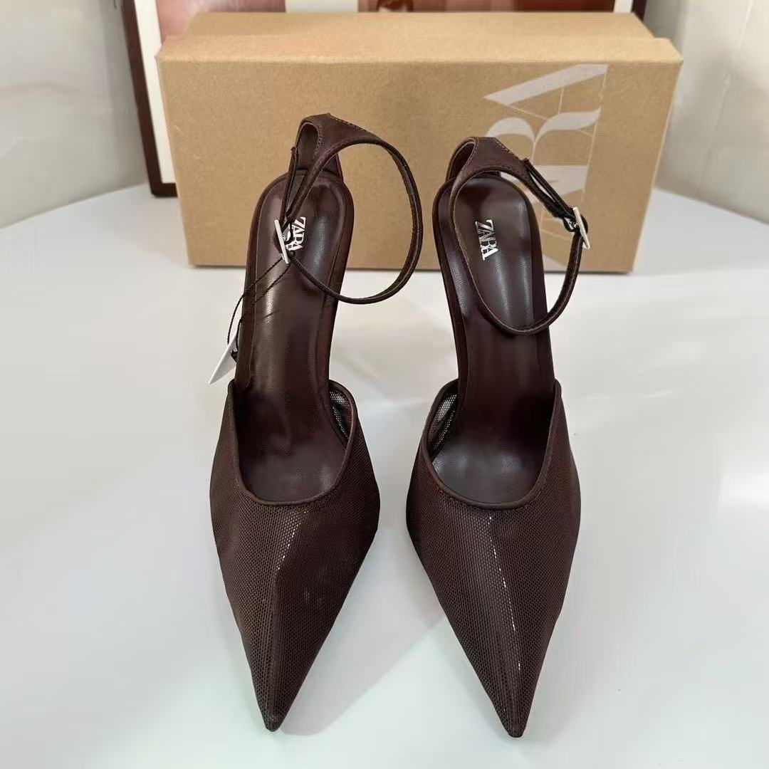 ZA Home 2025 new women's shoes with low heel temperament, socialite high heels, shallow toe cap, back strap, single shoe mesh brown