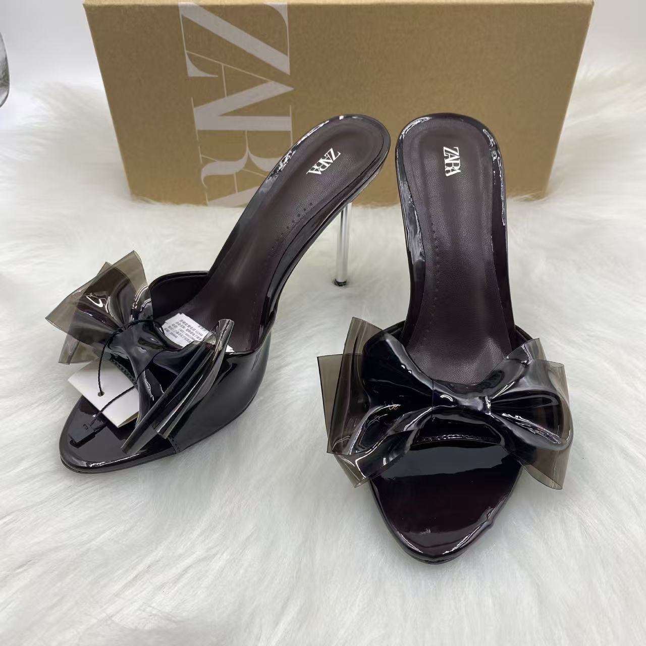 ZA2024 Summer New Women's Shoes Pink Bow High Heels Slippers Round Headed Back Hollow Stiletto High Heels Sandals