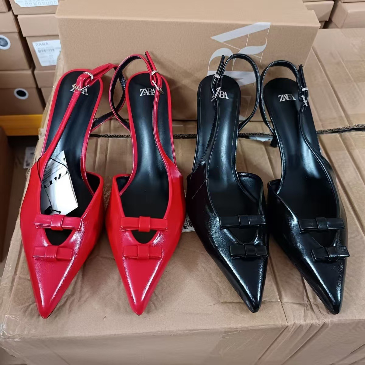 ZA2024 Early Autumn New French Red Pointed Bow High Heel Sandals for Women with Thin Heels, Headless, and Empty Single Shoes