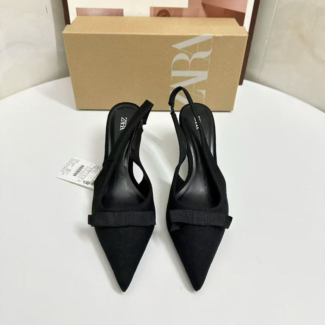 ZA2025 Autumn New Product: Black Fabric Butterfly Dew Heel High Heel Muller Shoes with Pointed Shallow Mouth Rear Tripping Strap Single Shoe