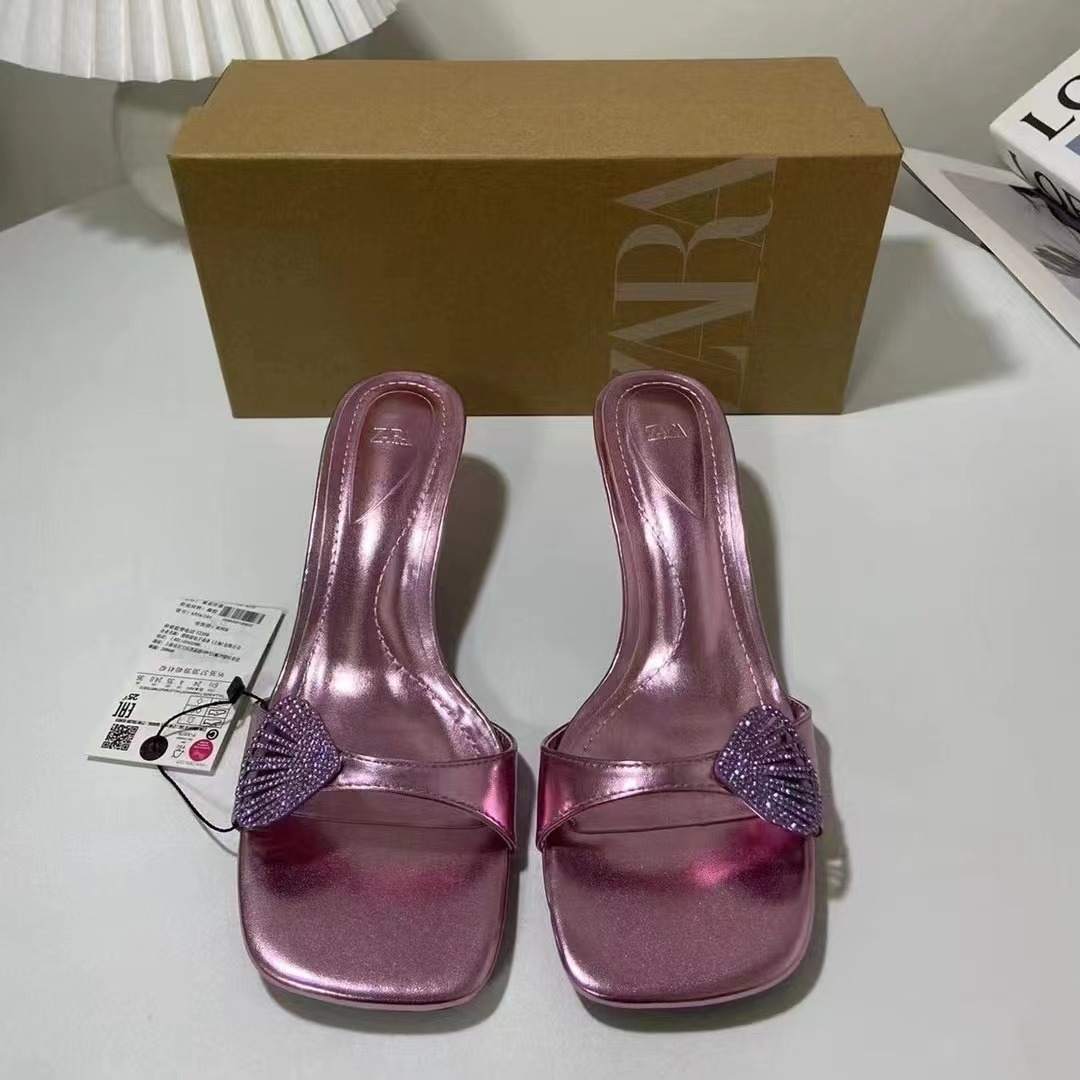 ZA New Product 2024 French Summer Fine Heel Square Head Strap Sea Clam Bright Buckle Decoration Rear Empty Sandals for Women