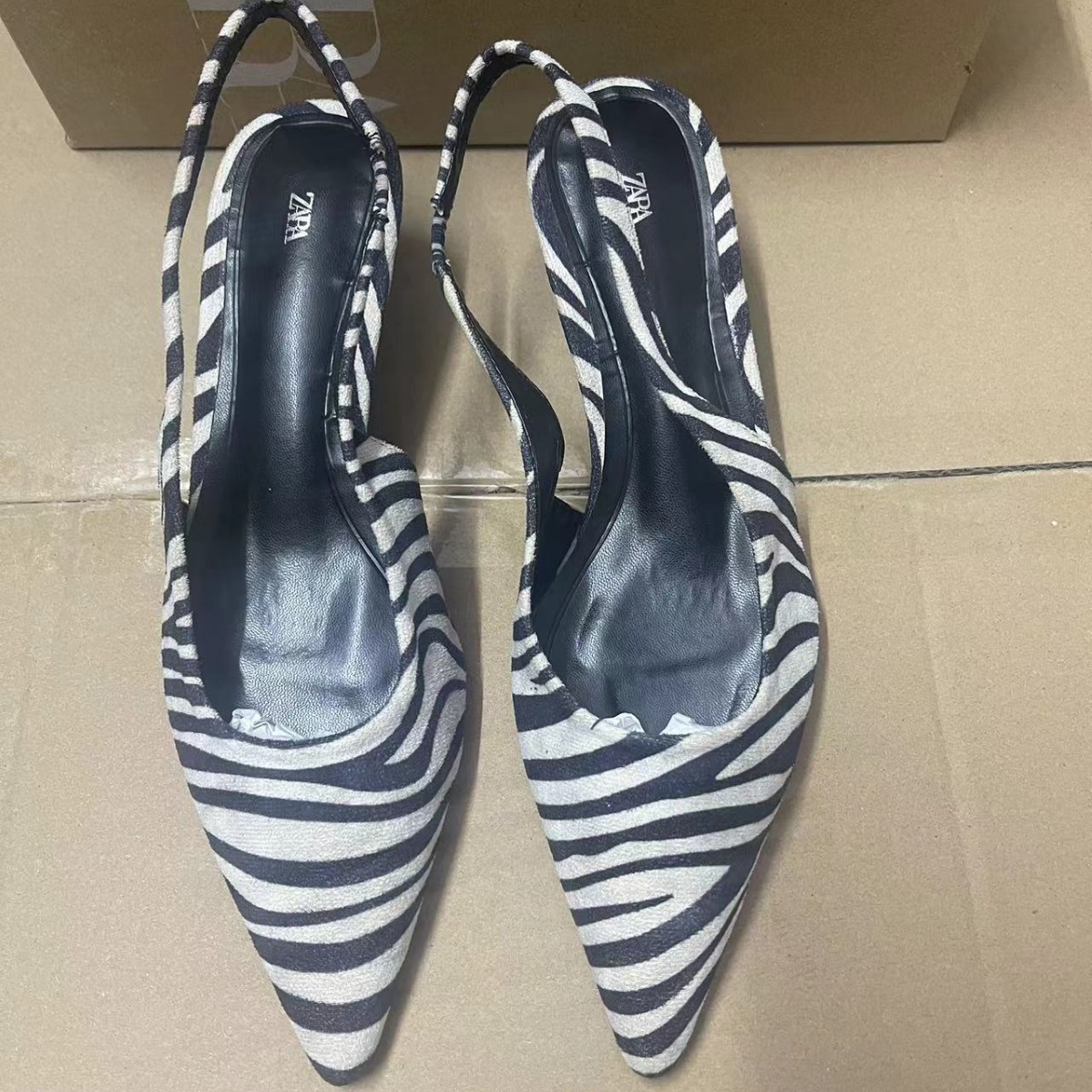 ZA women's shoes 2024 new autumn pointed toe toe toe women's shoes zebra pattern back strap thin heel shoes for women