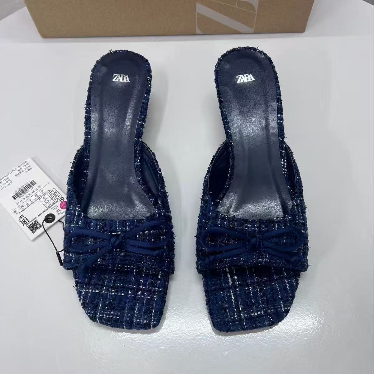 ZA Summer 2025 New Product Women's Bow Decoration High Heels Square Head Mueller Shoes Fashion Style One Word Back Air Cool Dragging