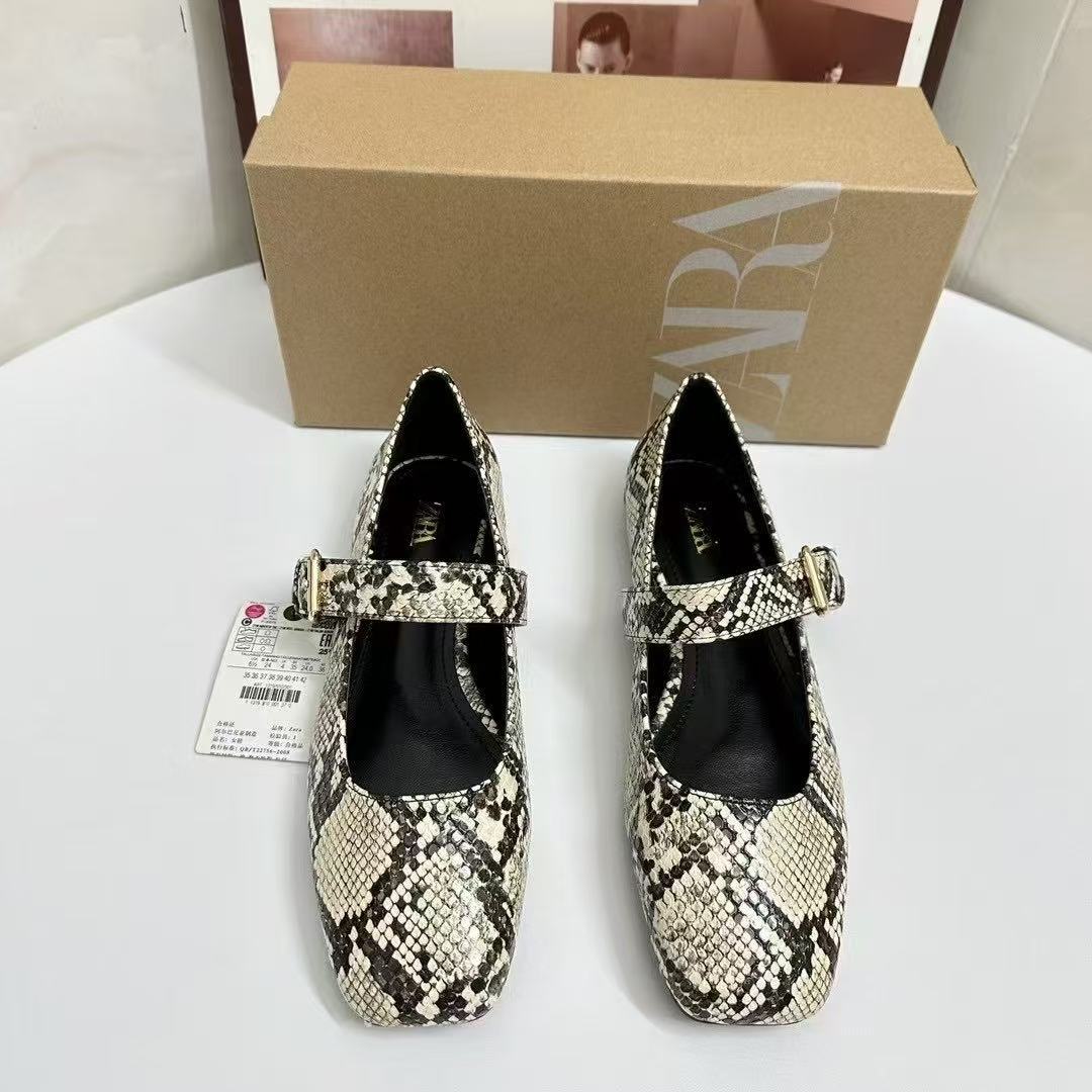 ZA European and American style flat shoes for women in spring, fashionable square headed snake print with a single stripe Mary Jane single shoe ballet