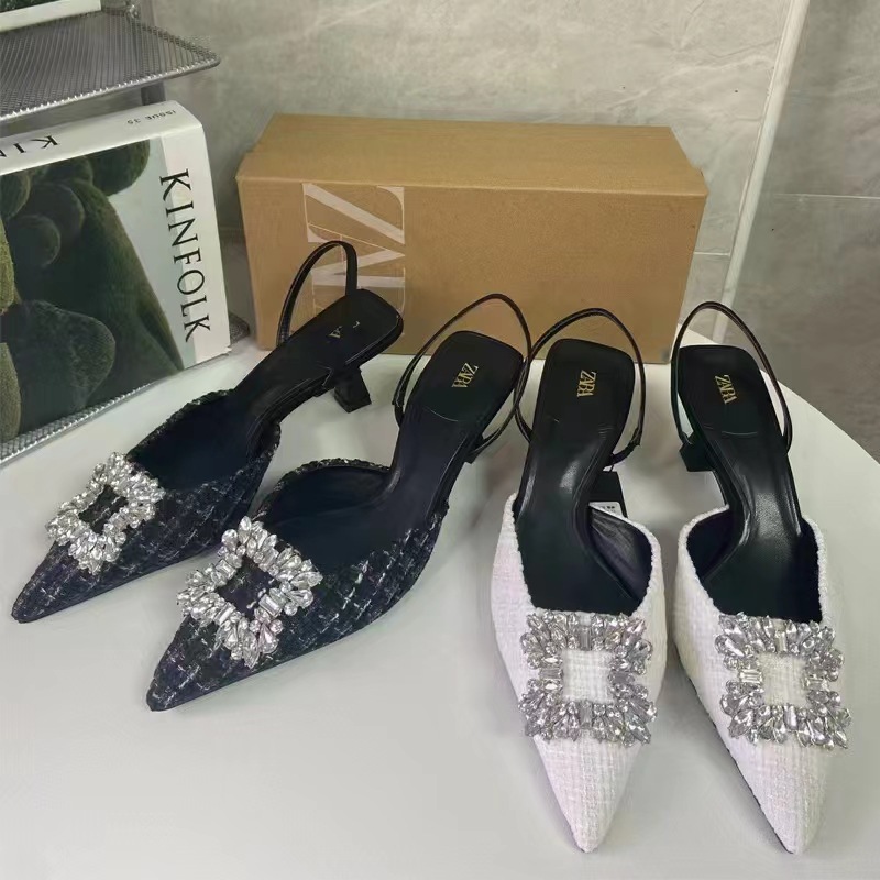 ZA2024 New Summer Pointed Small Fragrant Canvas Water Diamond Square Buckle Bright Decoration Shallow Back Strap Exposed Heel Sandals for Women
