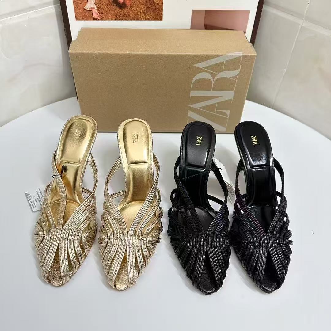 ZA retro 2025 summer rhinestone sexy light luxury niche women's shoes for wearing gold high-heeled sandals on top