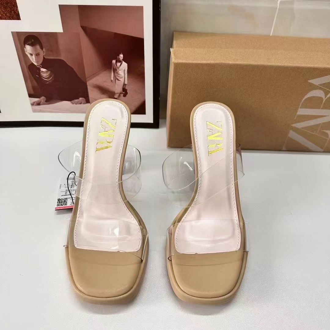 ZA Summer New Product 2024 High Heel Women's Shoes Square Head One Word PVC Fashion Shallow Mouth Transparent Heel Coarse Heel Sandals for Women