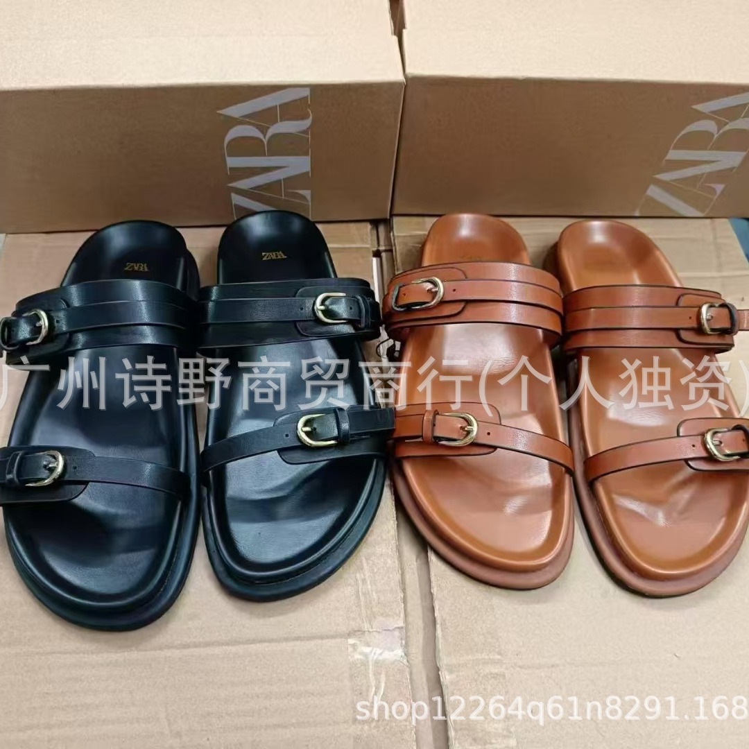 2024ZA New Foreign Trade Women's Shoes Round Head One Word Buckle Fashion Flat Shoes Sandals for Home and Outdoor Wear